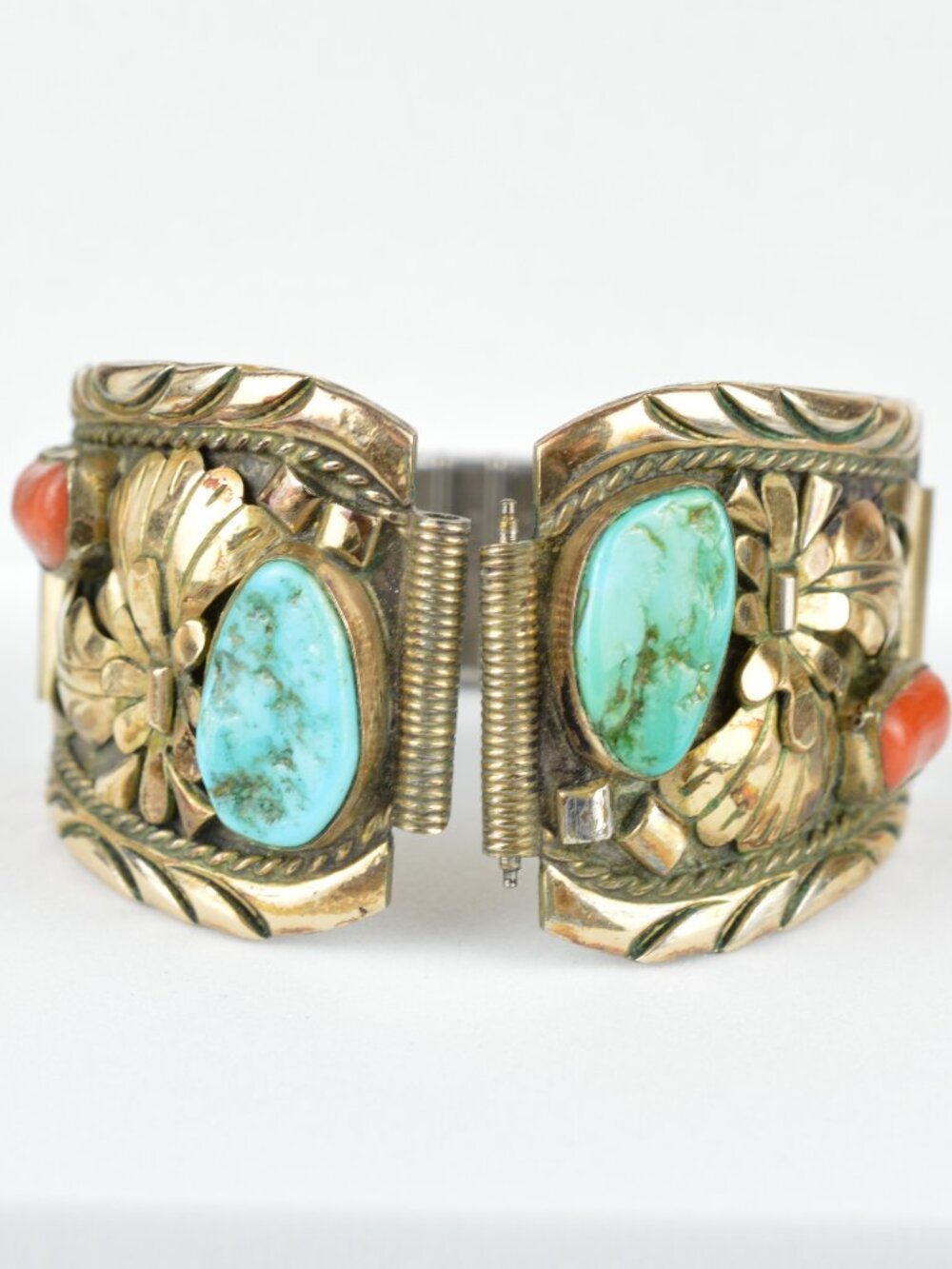 VTG Southwestern Sterling Silver Turquoise Coral Watch Tips Band Native American